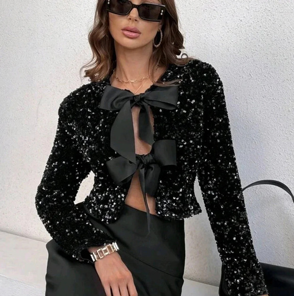 Women's Glittery Long Sleeve Jacket With Bow Decoration - Picture 3 of 7